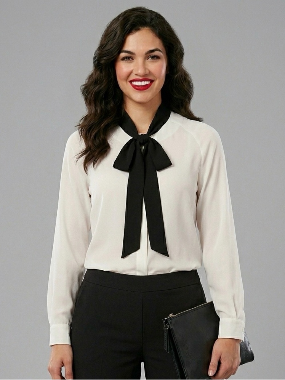 cabi Tuxedo White Blouse Black Neck Tie Scarf Top Style 3421 Long Sleeve Size S